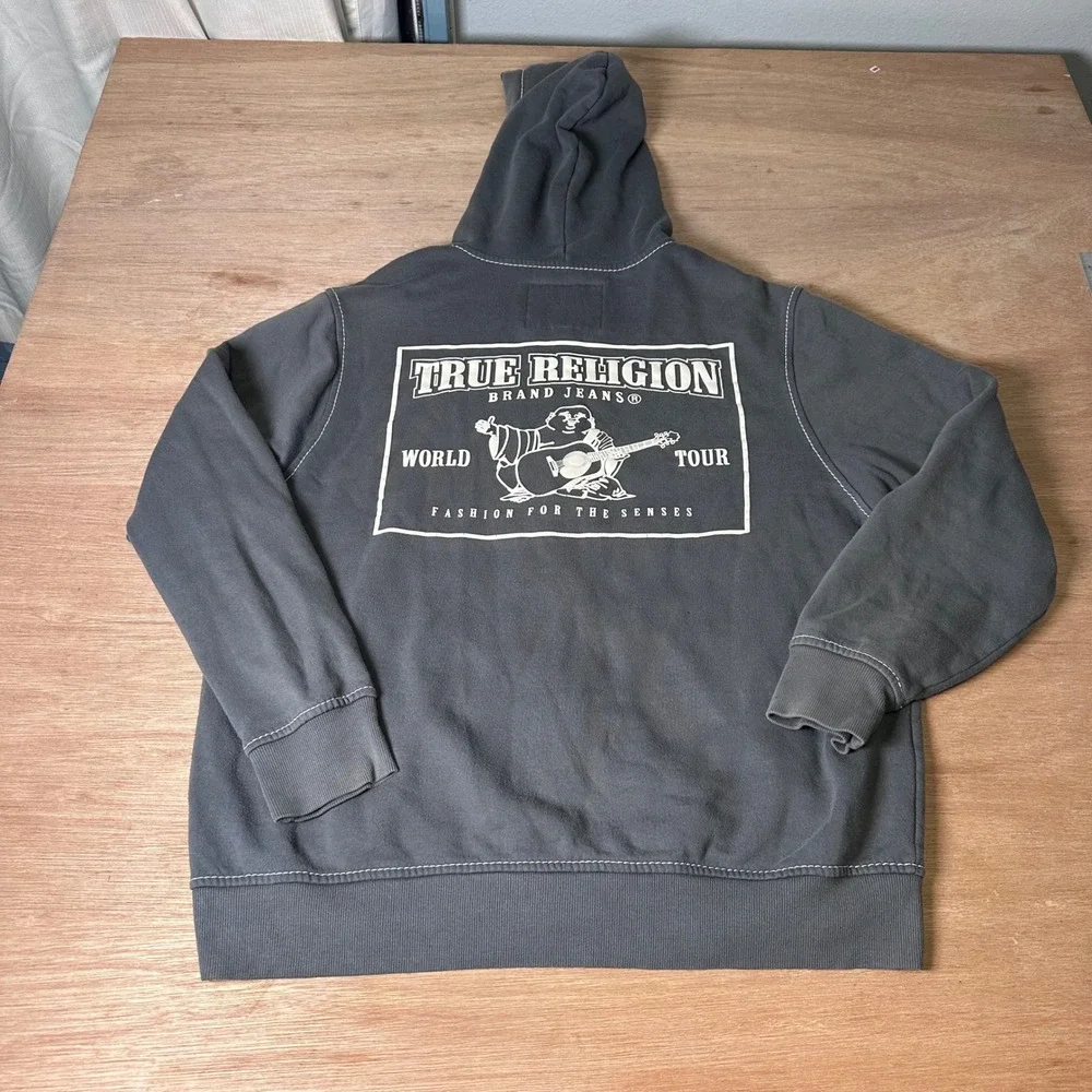 True Religion Mens Charcoal Gray Big T Stitch Buddha World Tour Zip Hoodie 2XL